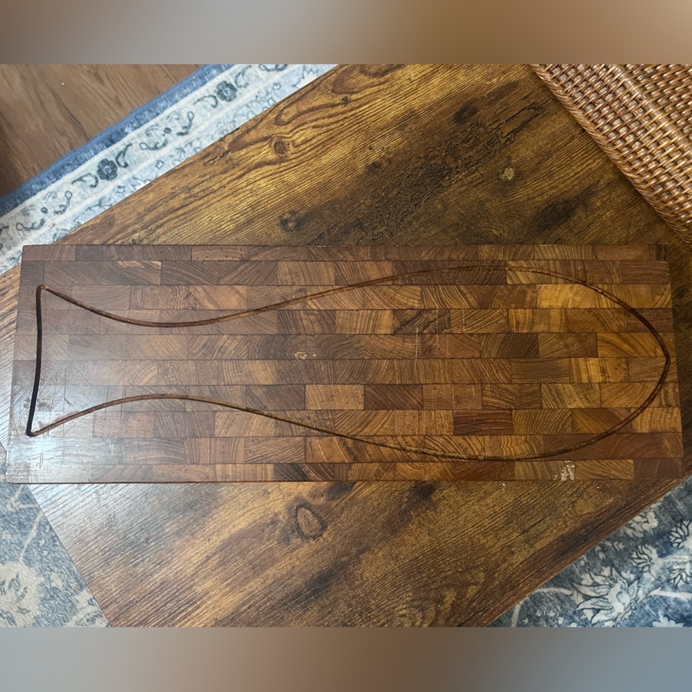Vintage Mid-Century Modern teak wood cutting board by Ernest Sohn w/ Fish Design